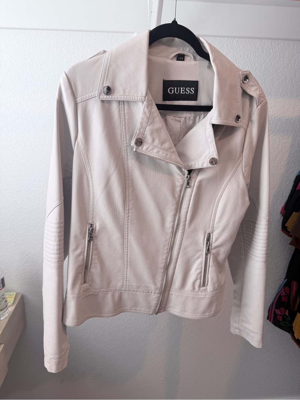 GUESS Cream Moto-Style Faux Leather Jacket
